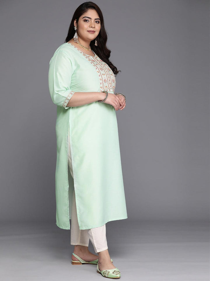 Plus Size Green Yoke Design Silk Straight Kurta