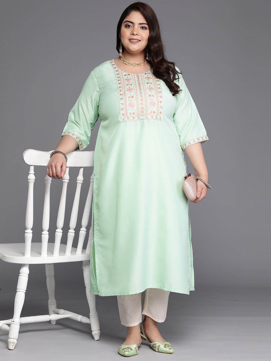 Plus Size Green Yoke Design Silk Straight Kurta - Libas 