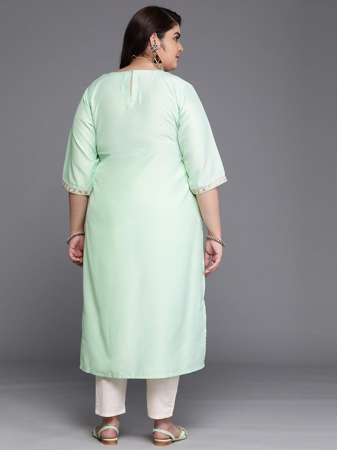 Plus Size Green Yoke Design Silk Straight Kurta - Libas 