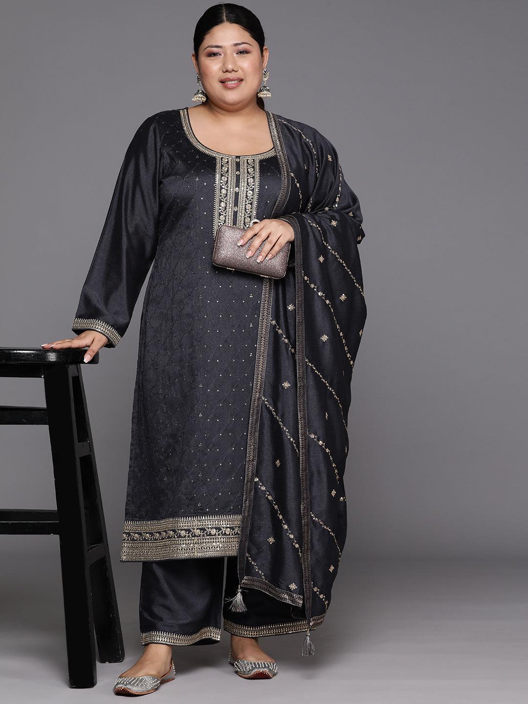 Plus Size Grey Embroidered Silk Blend Straight Suit Set - Libas 
