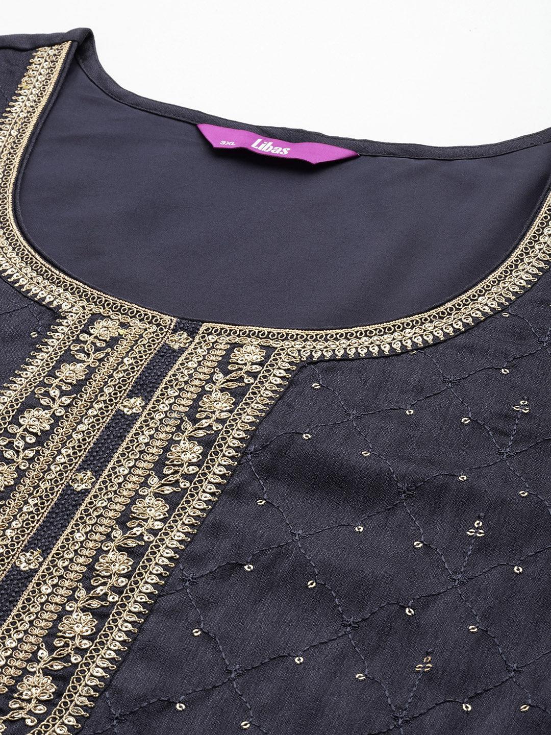 Plus Size Grey Embroidered Silk Blend Straight Suit Set - Libas 
