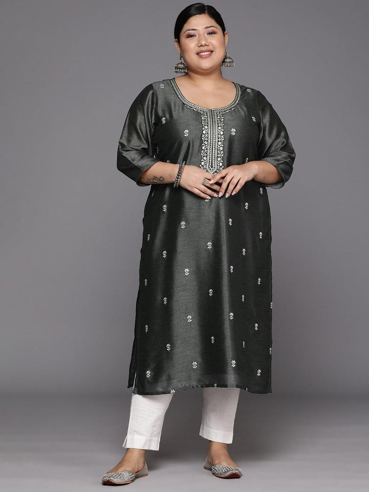 Plus Size Grey Embroidered Silk Straight Kurta