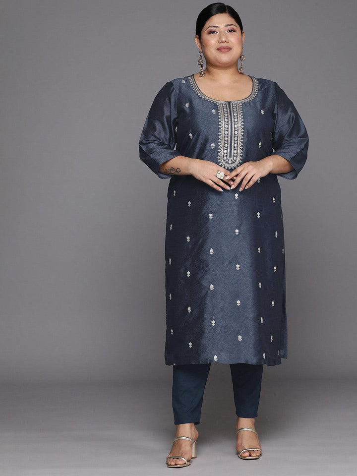 Plus Size Grey Embroidered Silk Straight Kurta