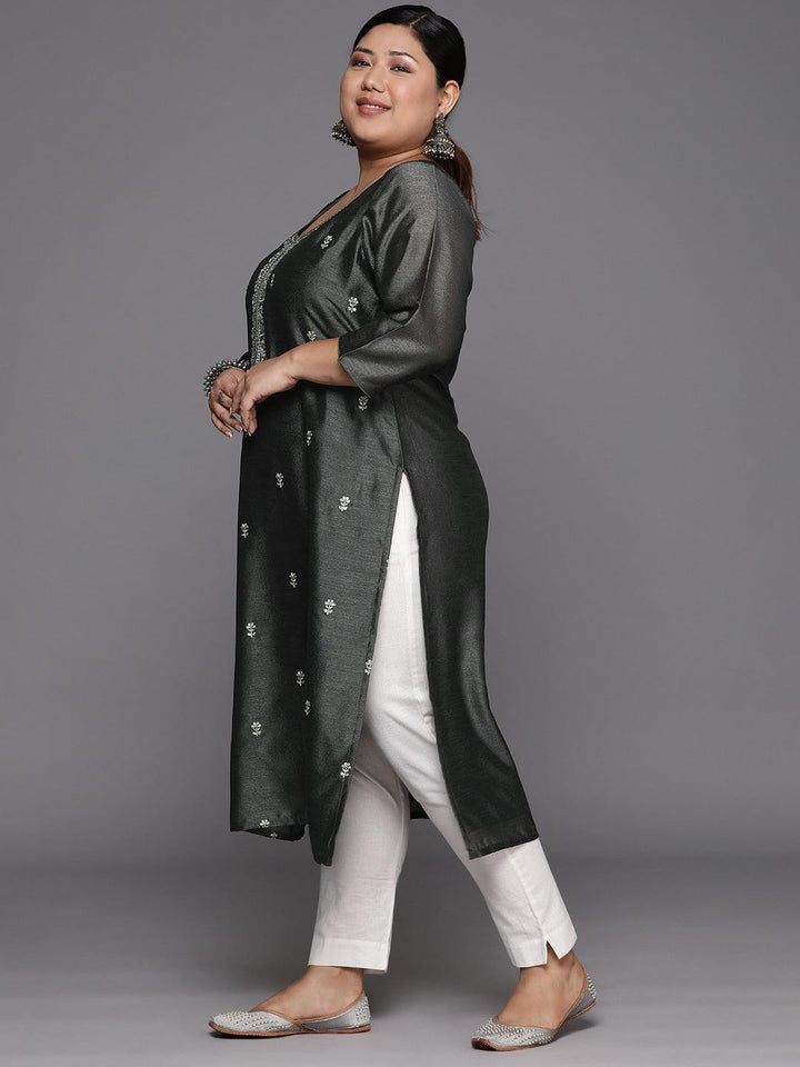 Plus Size Grey Embroidered Silk Straight Kurta