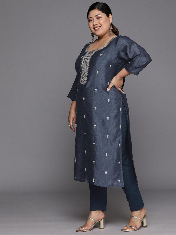 Plus Size Grey Embroidered Silk Straight Kurta