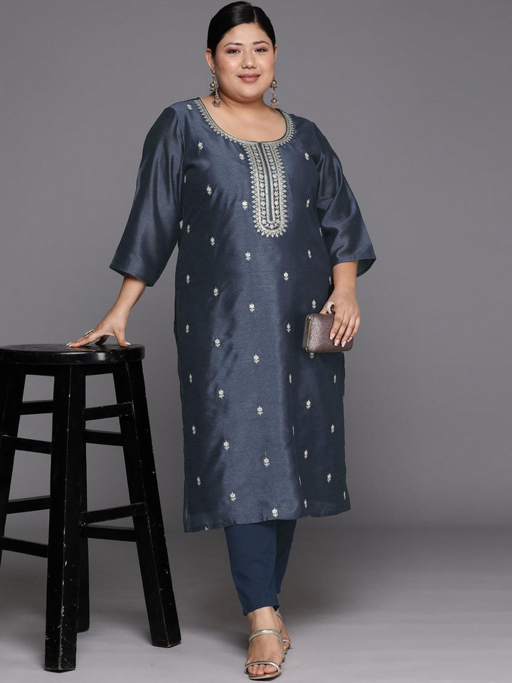 Plus Size Grey Embroidered Silk Straight Kurta