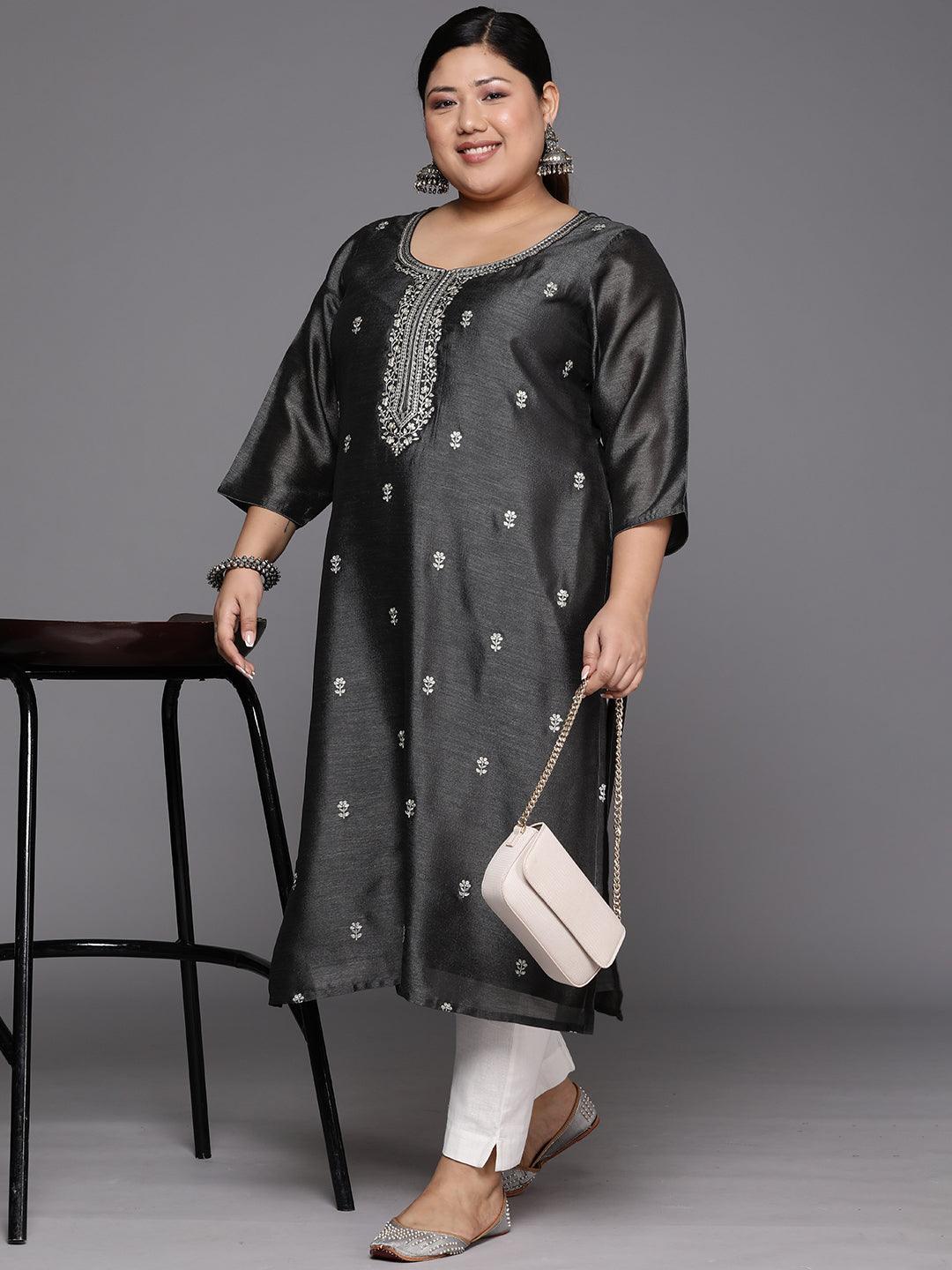 Plus Size Grey Embroidered Silk Straight Kurta - Libas 