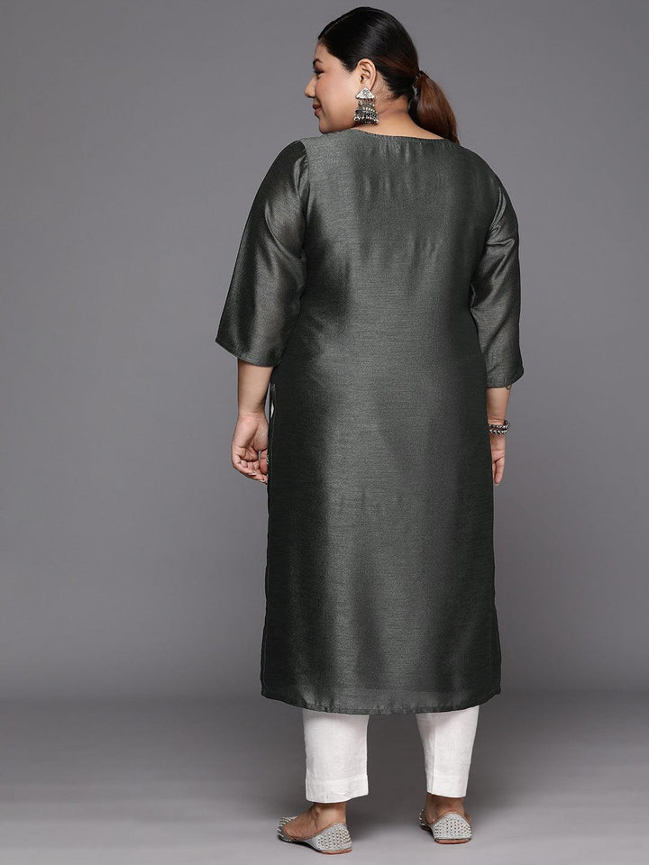 Plus Size Grey Embroidered Silk Straight Kurta