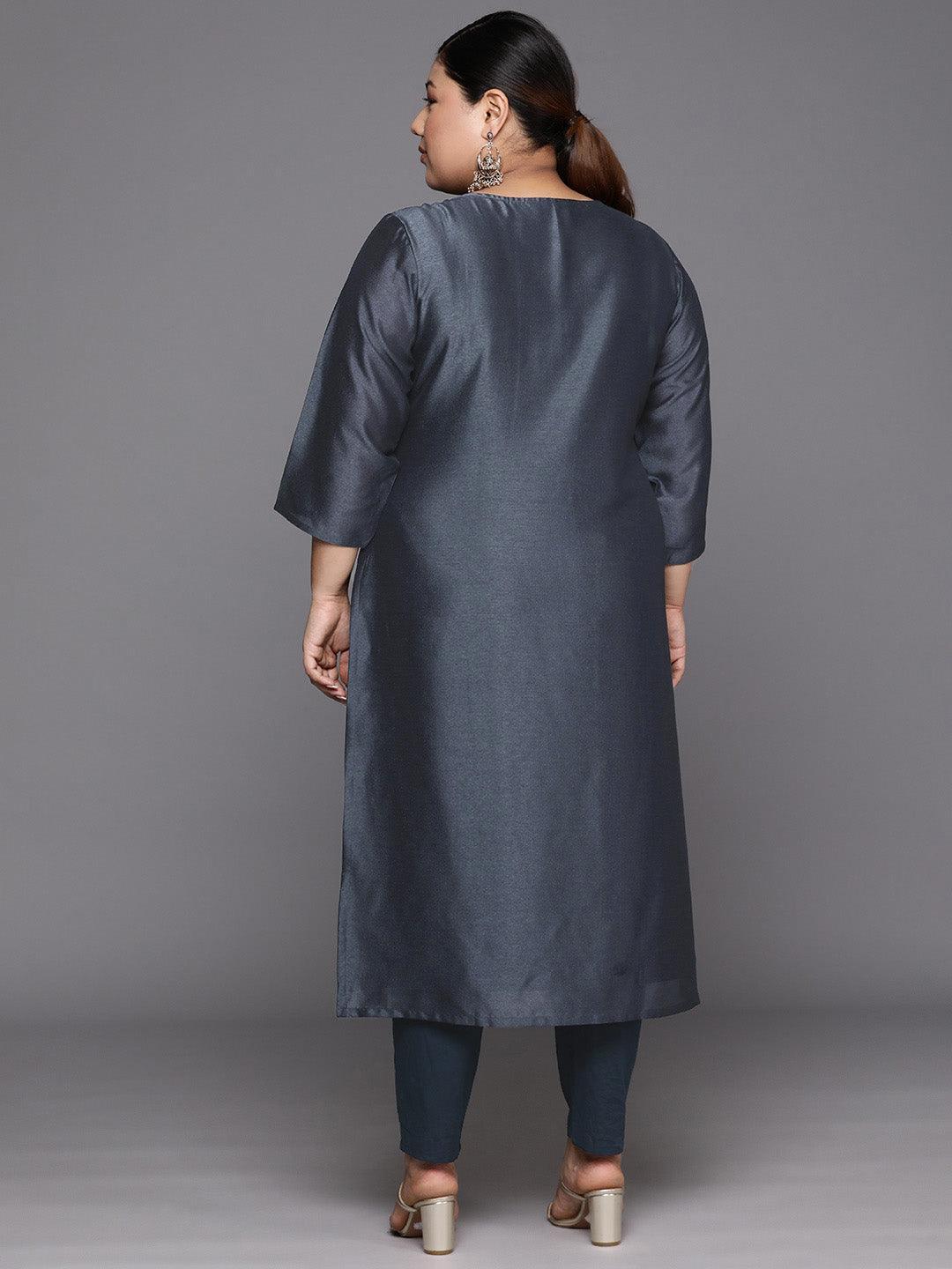 Plus Size Grey Embroidered Silk Straight Kurta - Libas 