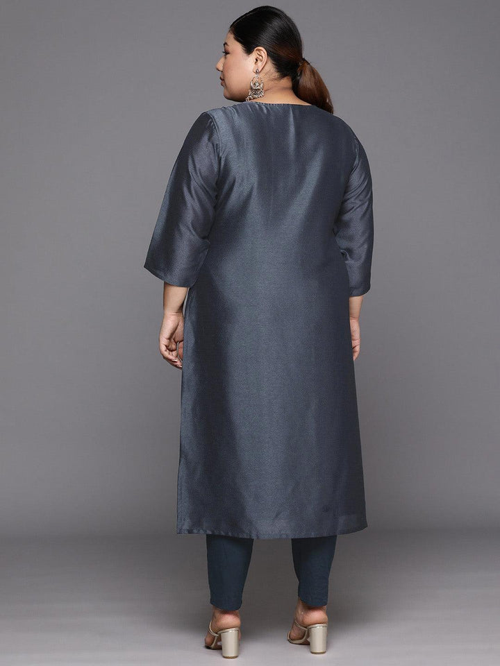 Plus Size Grey Embroidered Silk Straight Kurta