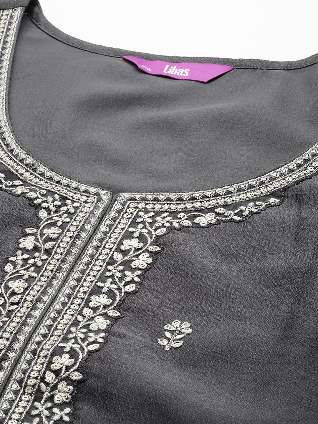 Plus Size Grey Embroidered Silk Straight Kurta - Libas 