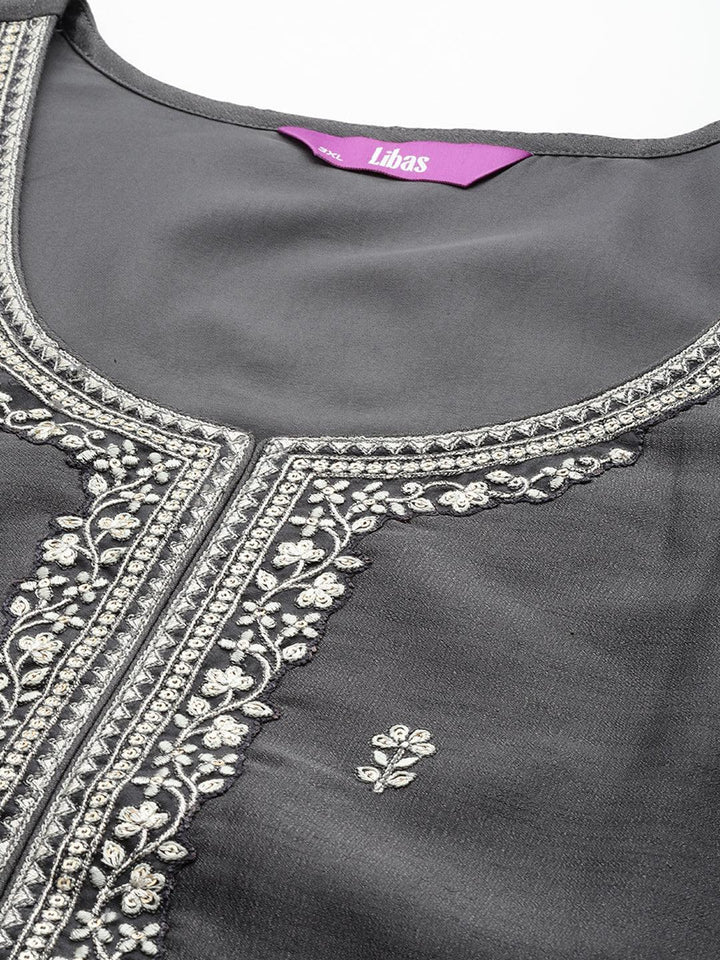 Plus Size Grey Embroidered Silk Straight Kurta