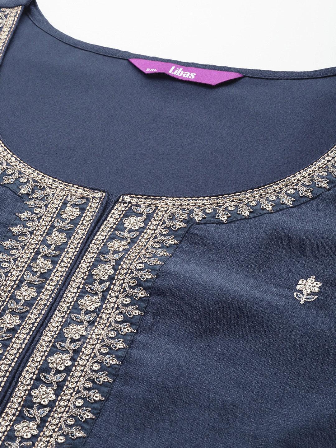 Plus Size Grey Embroidered Silk Straight Kurta - Libas 