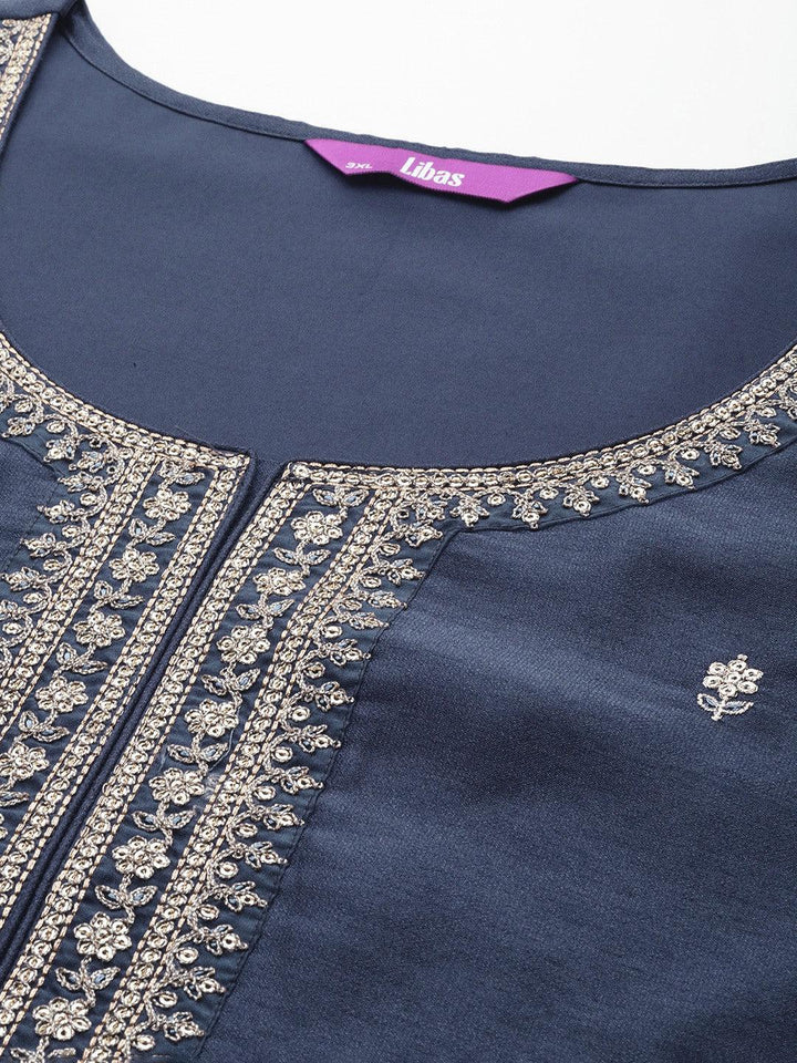 Plus Size Grey Embroidered Silk Straight Kurta