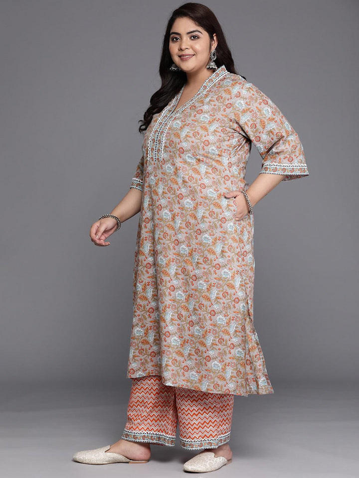 Plus Size Grey Printed Cotton A-Line Kurta With Trousers & Dupatta