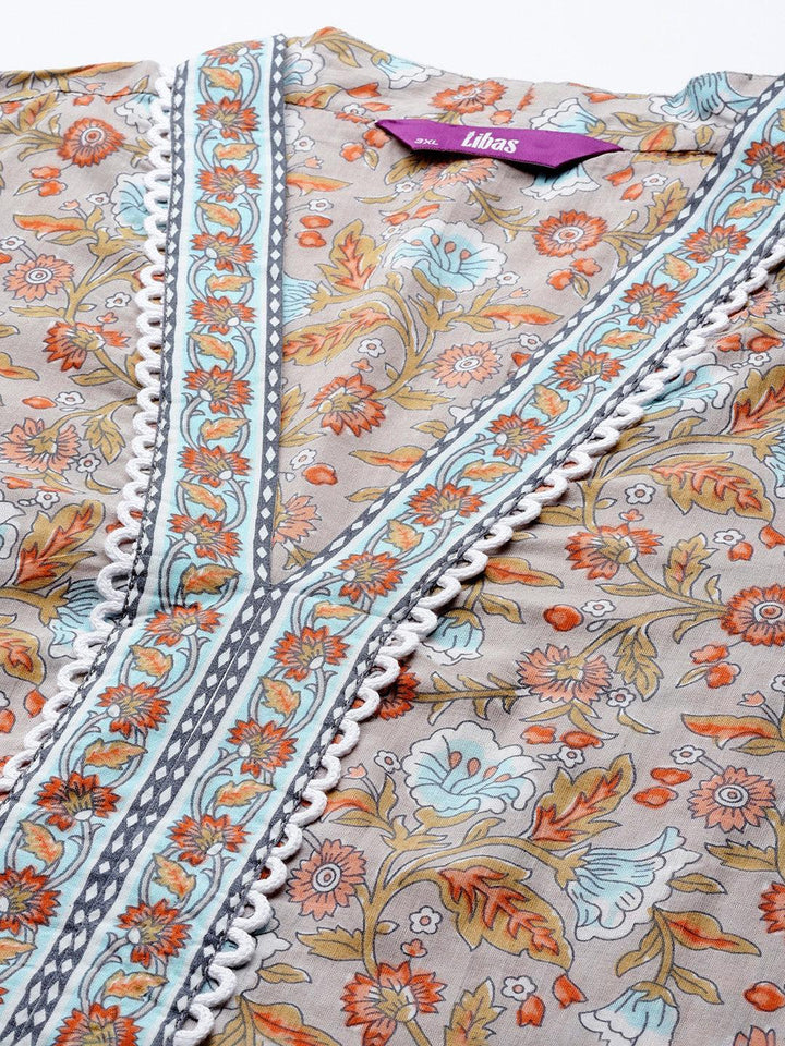 Plus Size Grey Printed Cotton A-Line Kurta With Trousers & Dupatta