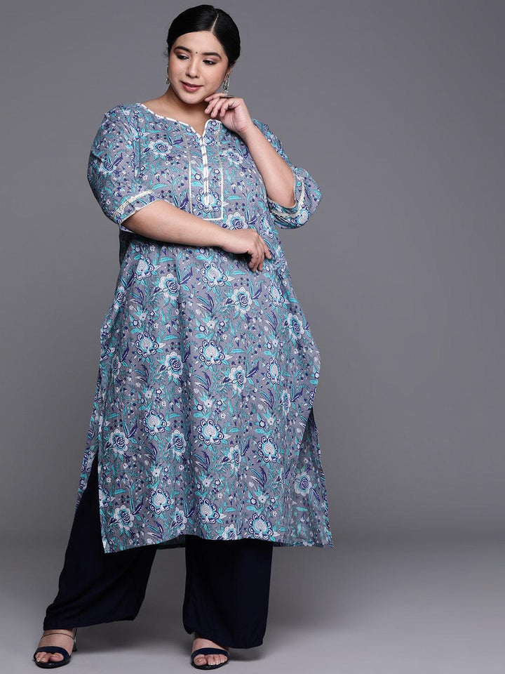 Plus Size Grey Printed Cotton Kurta - Libas