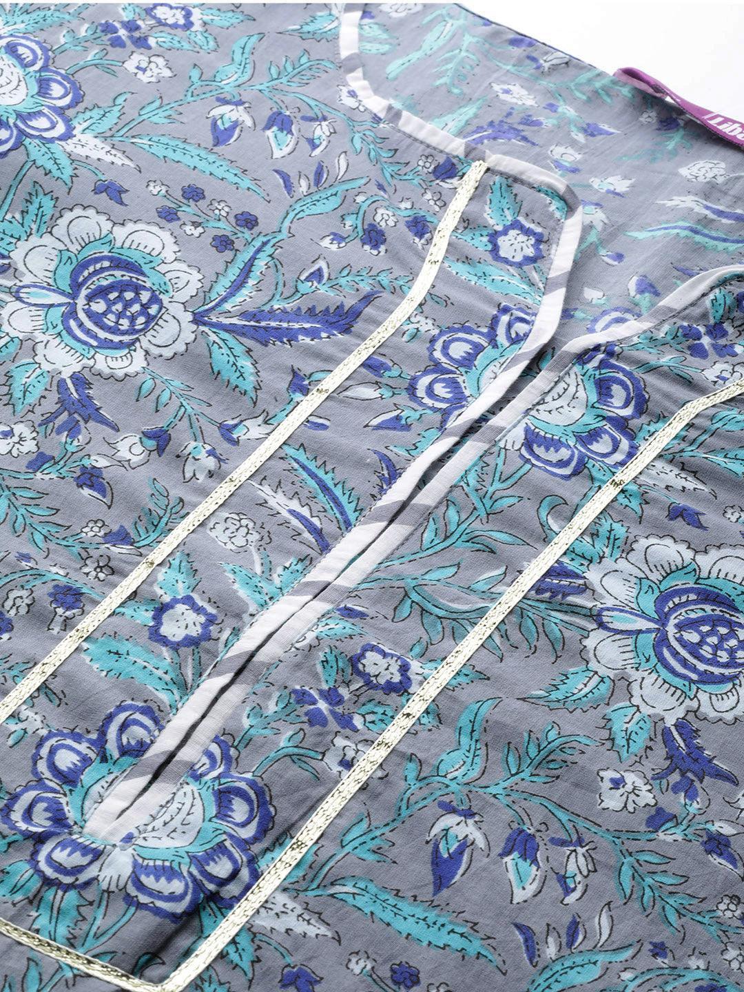 Plus Size Grey Printed Cotton Kurta - Libas