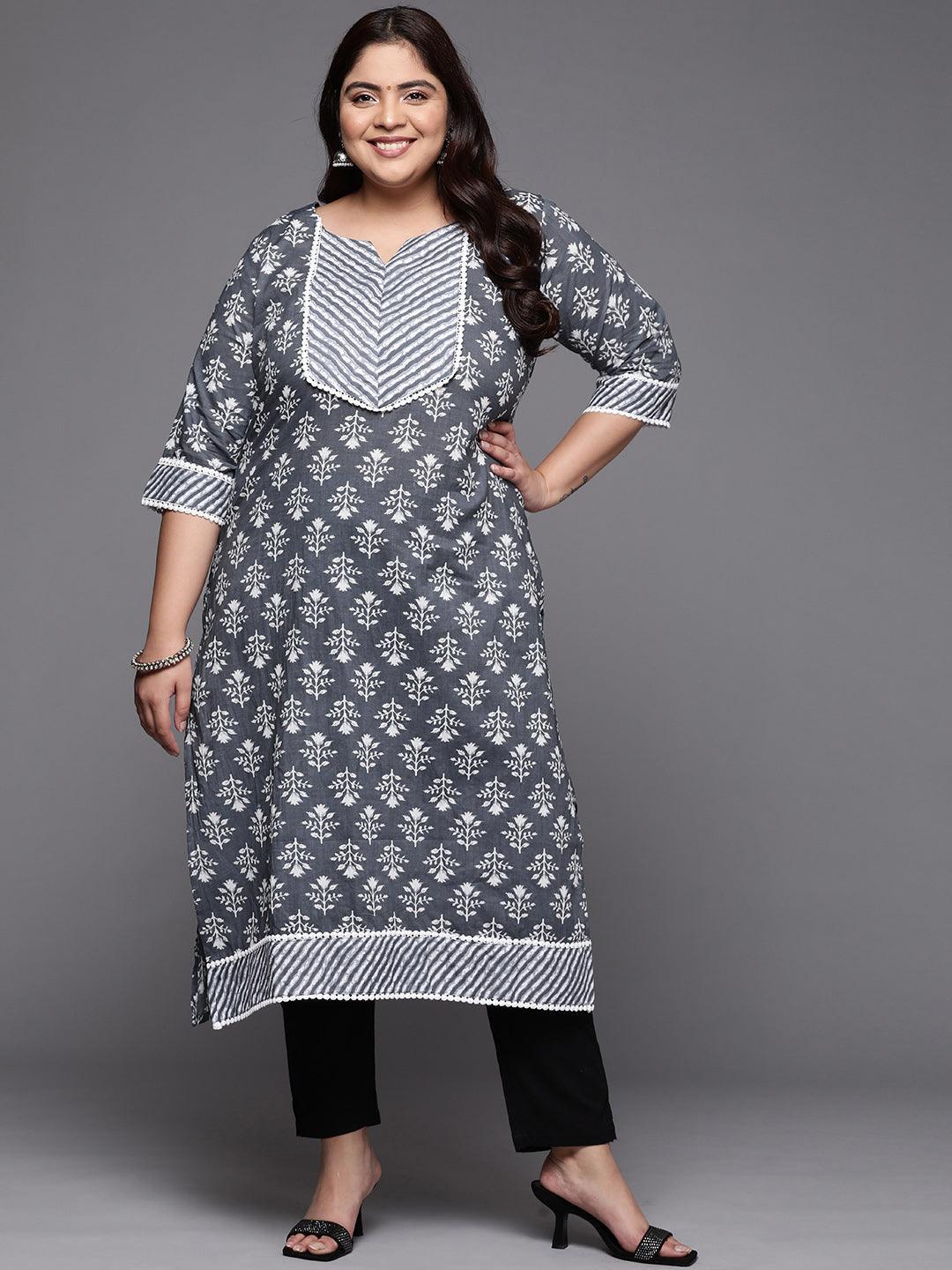 Plus Size Grey Printed Cotton Straight Kurta - ShopLibas