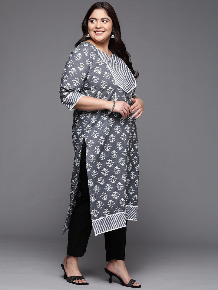 Plus Size Grey Printed Cotton Straight Kurta
