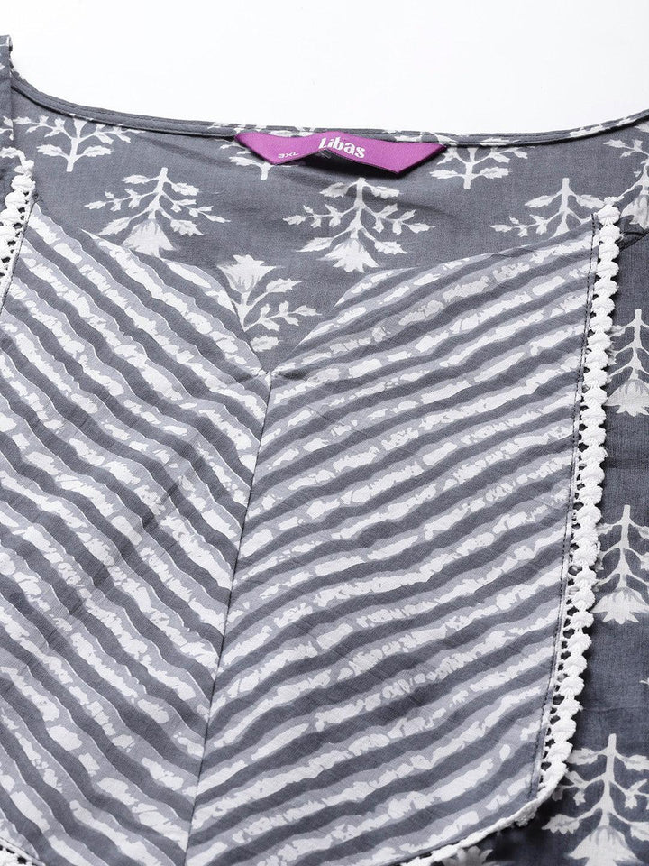 Plus Size Grey Printed Cotton Straight Kurta
