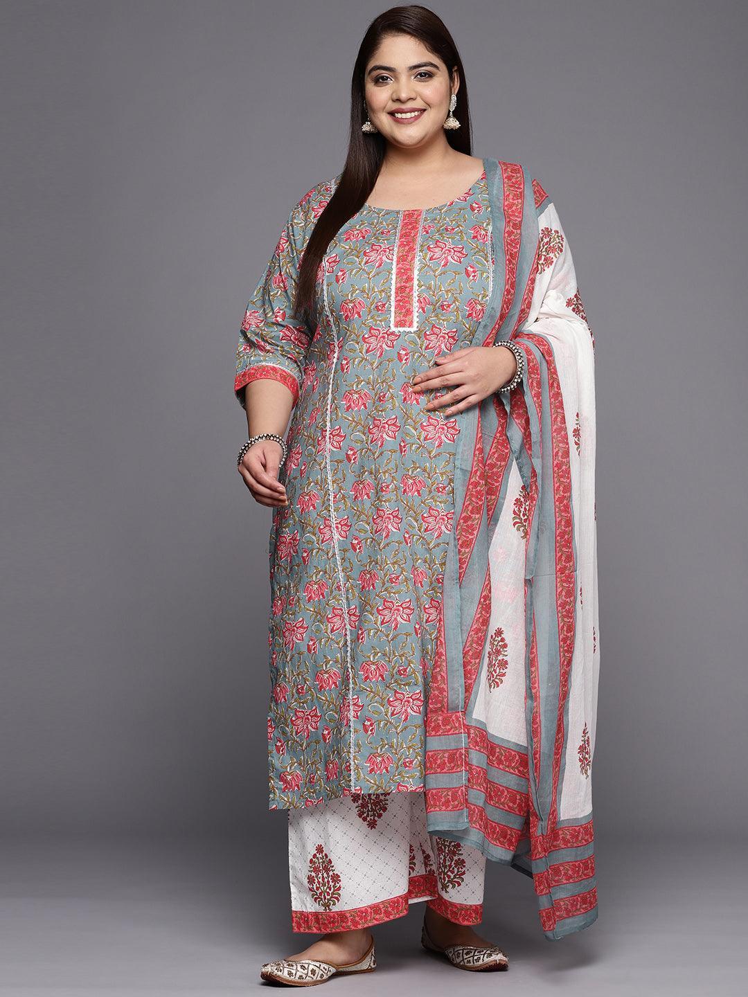 Plus Size Grey Printed Cotton Straight Suit Set - ShopLibas