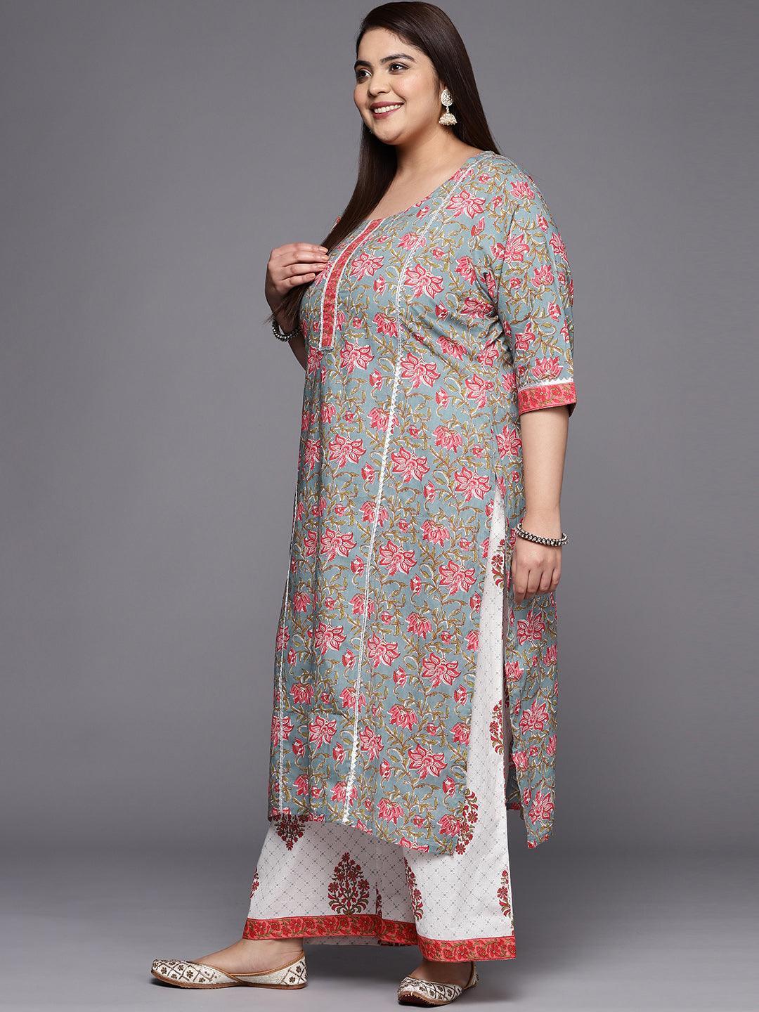 Plus Size Grey Printed Cotton Straight Suit Set - ShopLibas 