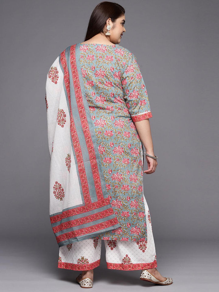 Plus Size Grey Printed Cotton Straight Suit Set