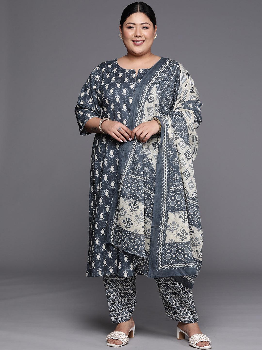 Plus Size Grey Printed Cotton Straight Suit Set - ShopLibas