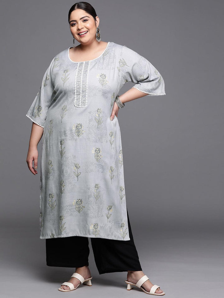 Plus Size Grey Printed Rayon Kurta - ShopLibas