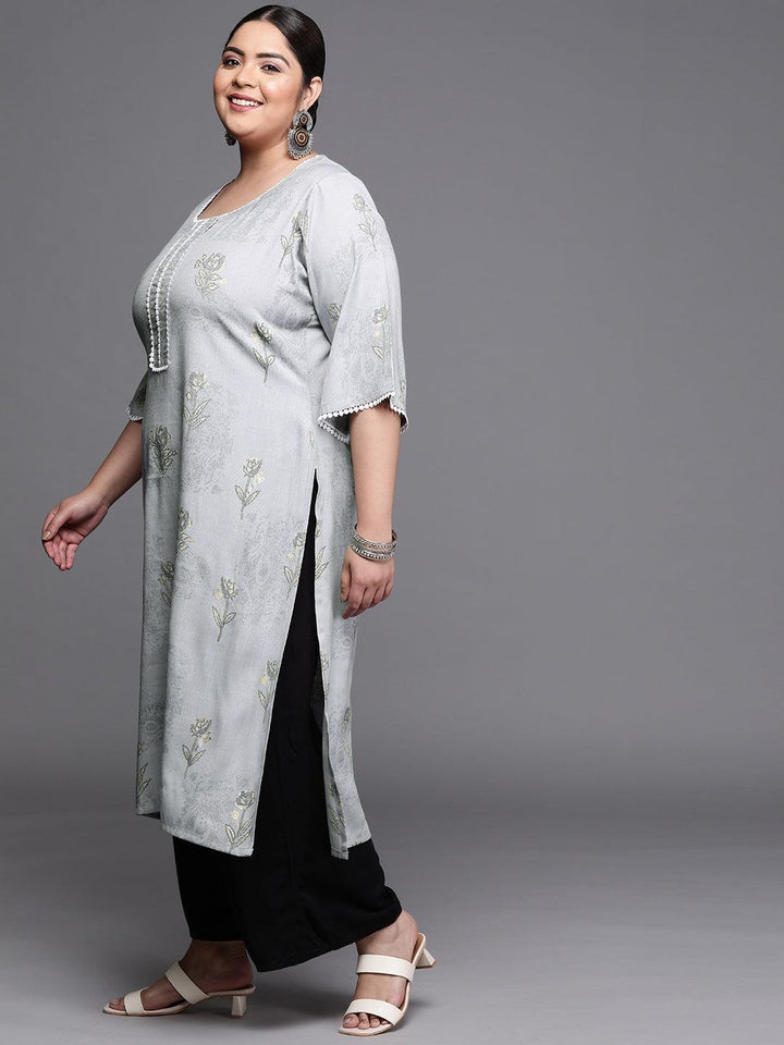 Plus Size Grey Printed Rayon Kurta - ShopLibas