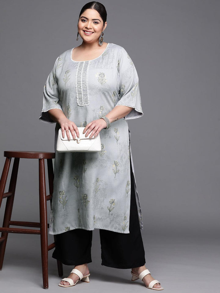 Plus Size Grey Printed Rayon Kurta - ShopLibas