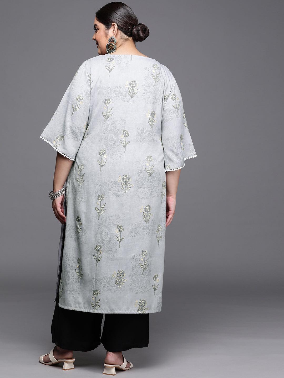 Plus Size Grey Printed Rayon Kurta - ShopLibas