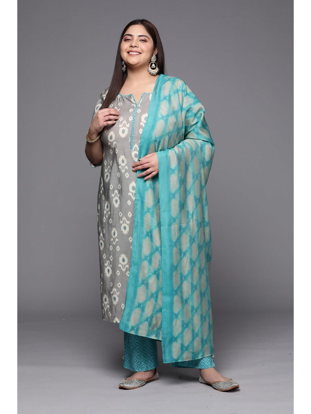 Plus Size Grey Printed Silk Blend Suit Set With Trousers - ShopLibas