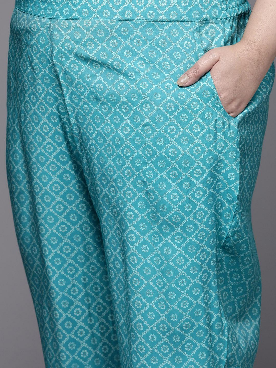 Plus Size Grey Printed Silk Blend Suit Set With Trousers - ShopLibas 