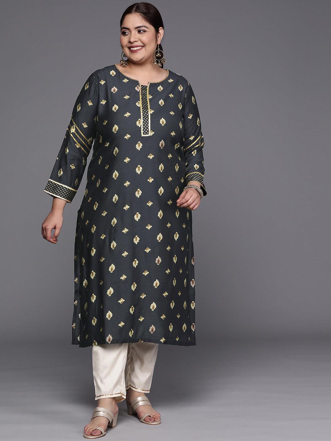 Plus Size Grey Printed Silk Straight Kurta - ShopLibas