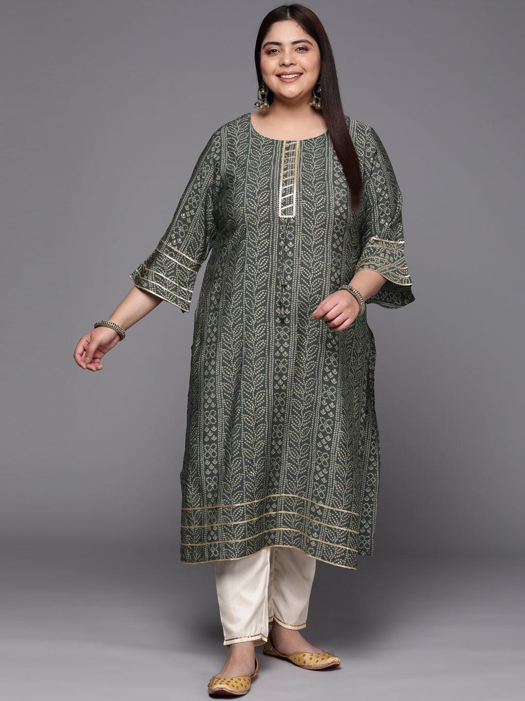 Plus Size Grey Printed Silk Straight Kurta - ShopLibas