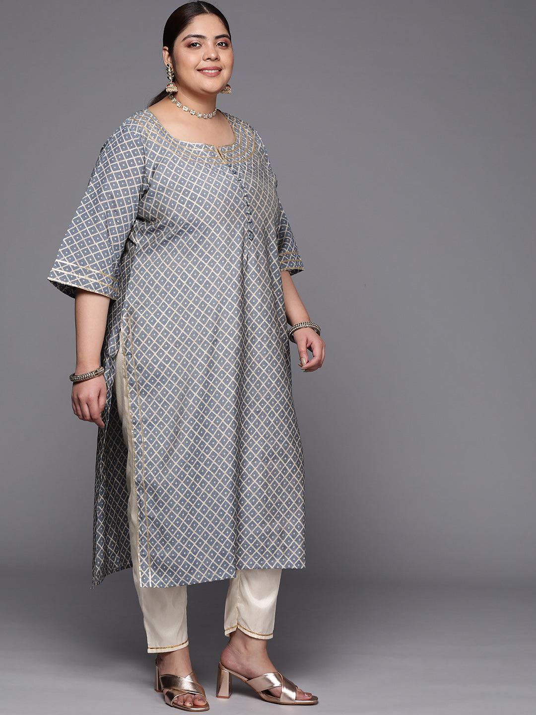 Plus Size Grey Printed Silk Straight Kurta - ShopLibas 