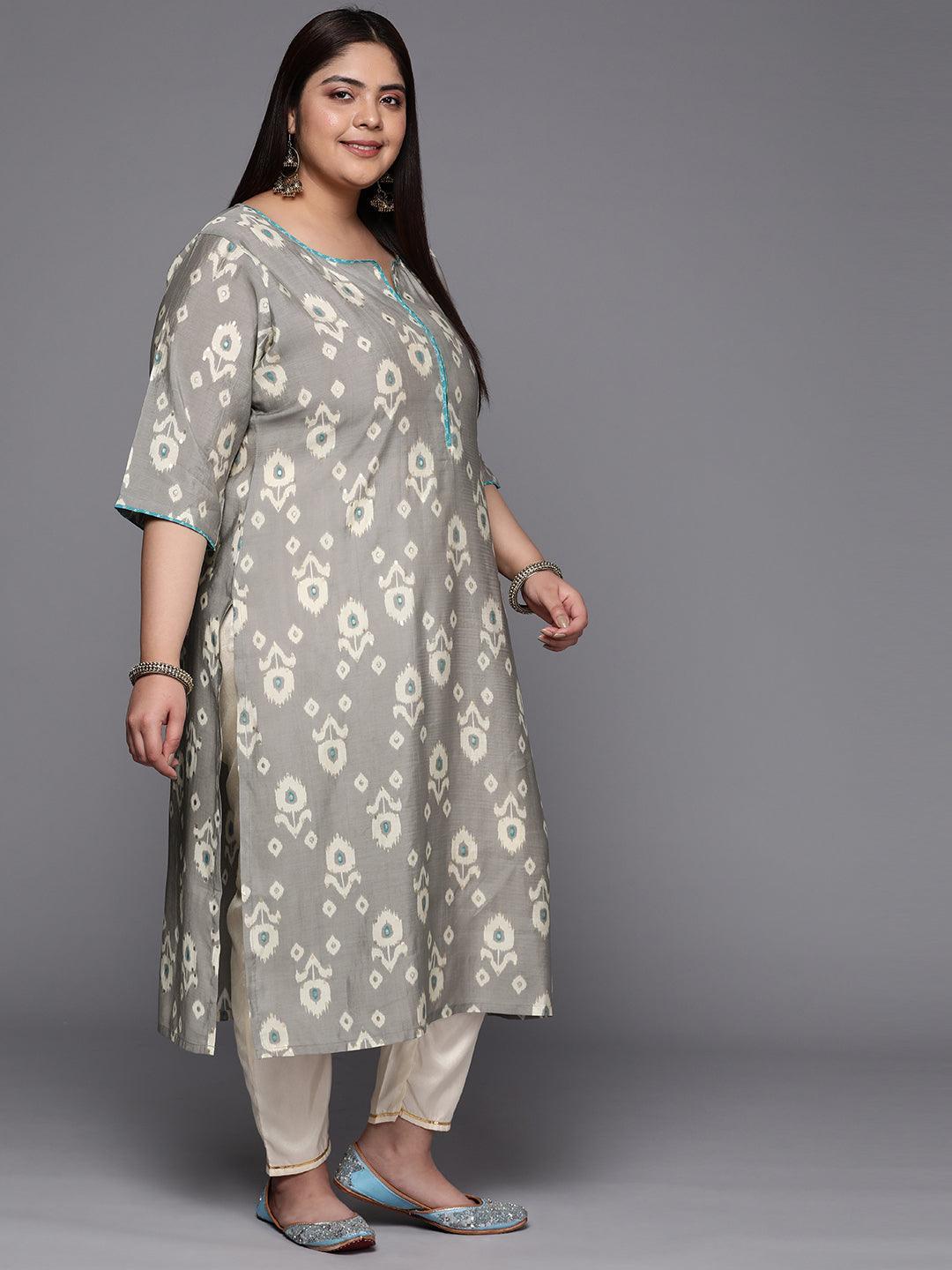Plus Size Grey Printed Silk Straight Kurta - ShopLibas 