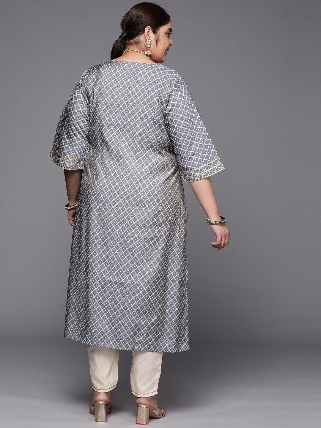 Plus Size Grey Printed Silk Straight Kurta - ShopLibas 
