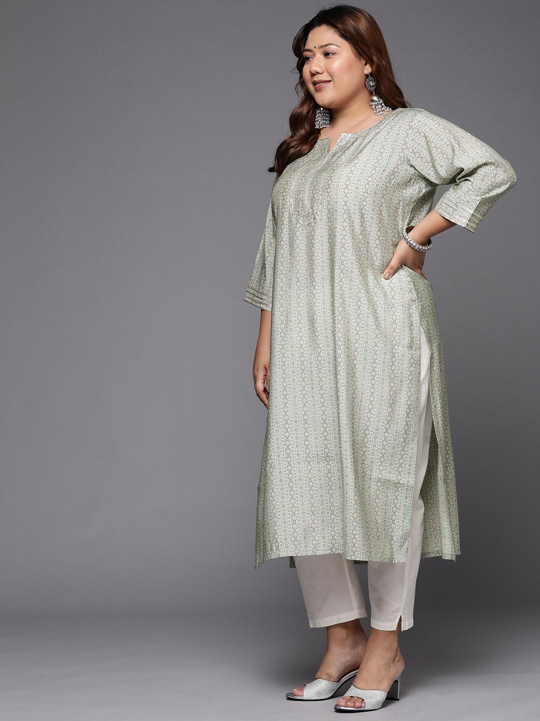 Plus Size Grey Printed Silk Straight Kurta - ShopLibas 