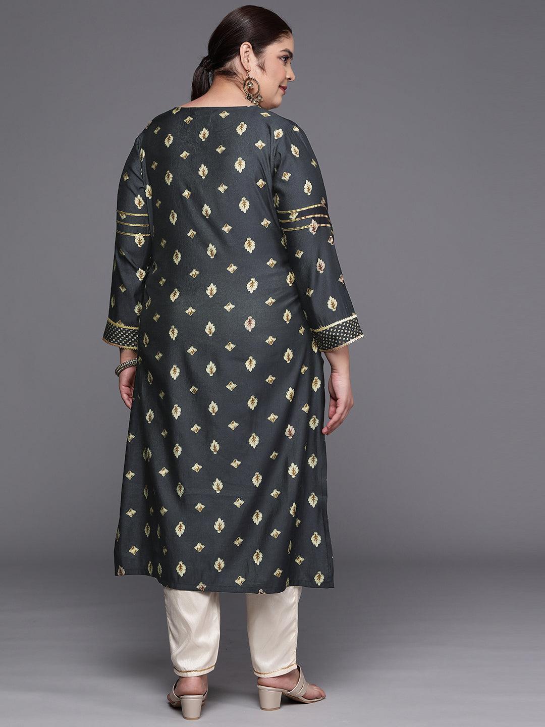 Plus Size Grey Printed Silk Straight Kurta - ShopLibas