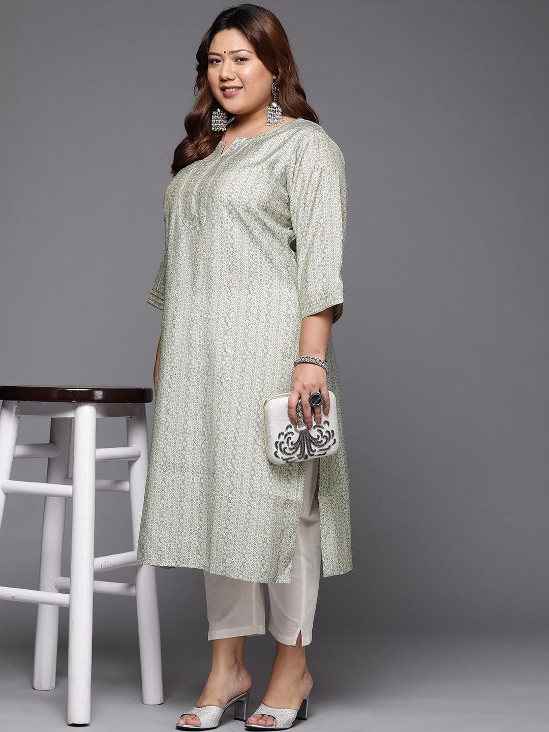 Plus Size Grey Printed Silk Straight Kurta - ShopLibas 