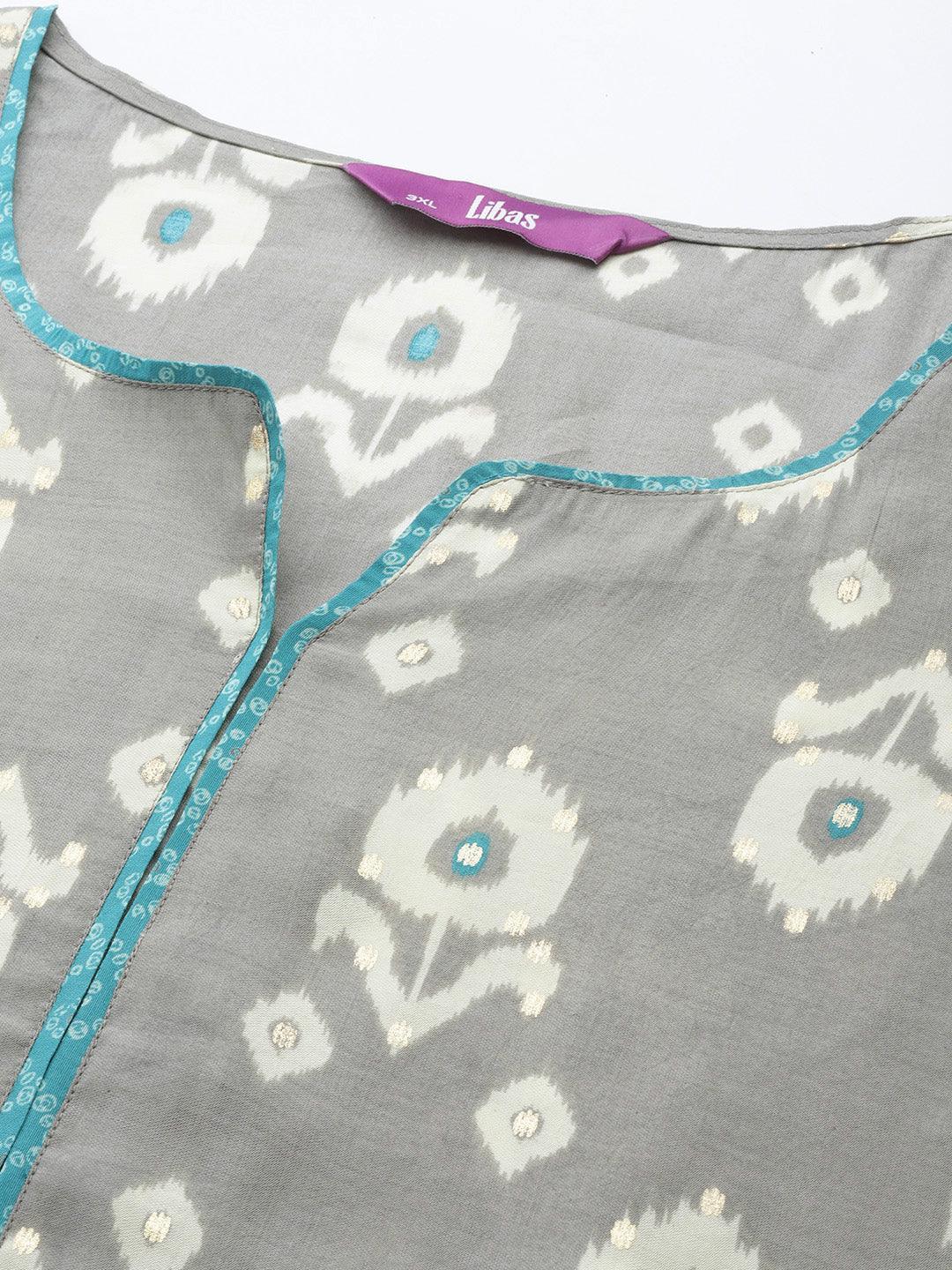Plus Size Grey Printed Silk Straight Kurta - ShopLibas 