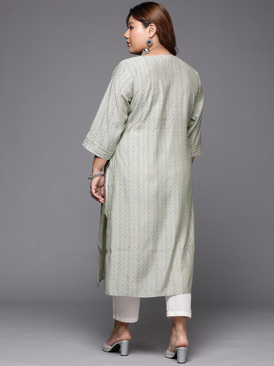 Plus Size Grey Printed Silk Straight Kurta - ShopLibas 