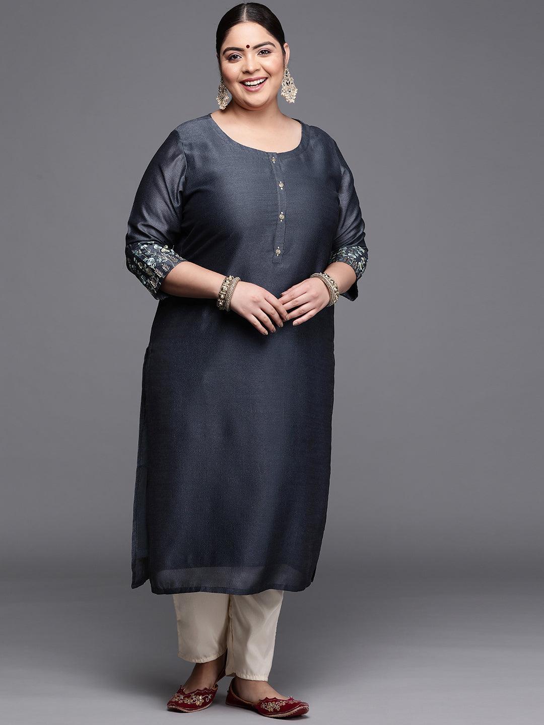 Plus Size Grey Solid Silk Kurta - ShopLibas