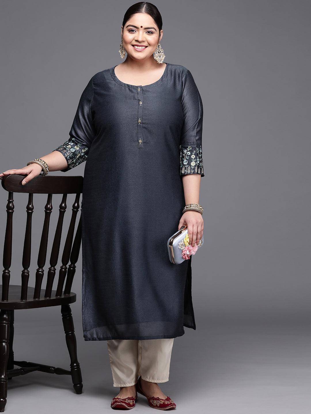 Plus Size Grey Solid Silk Kurta - ShopLibas 