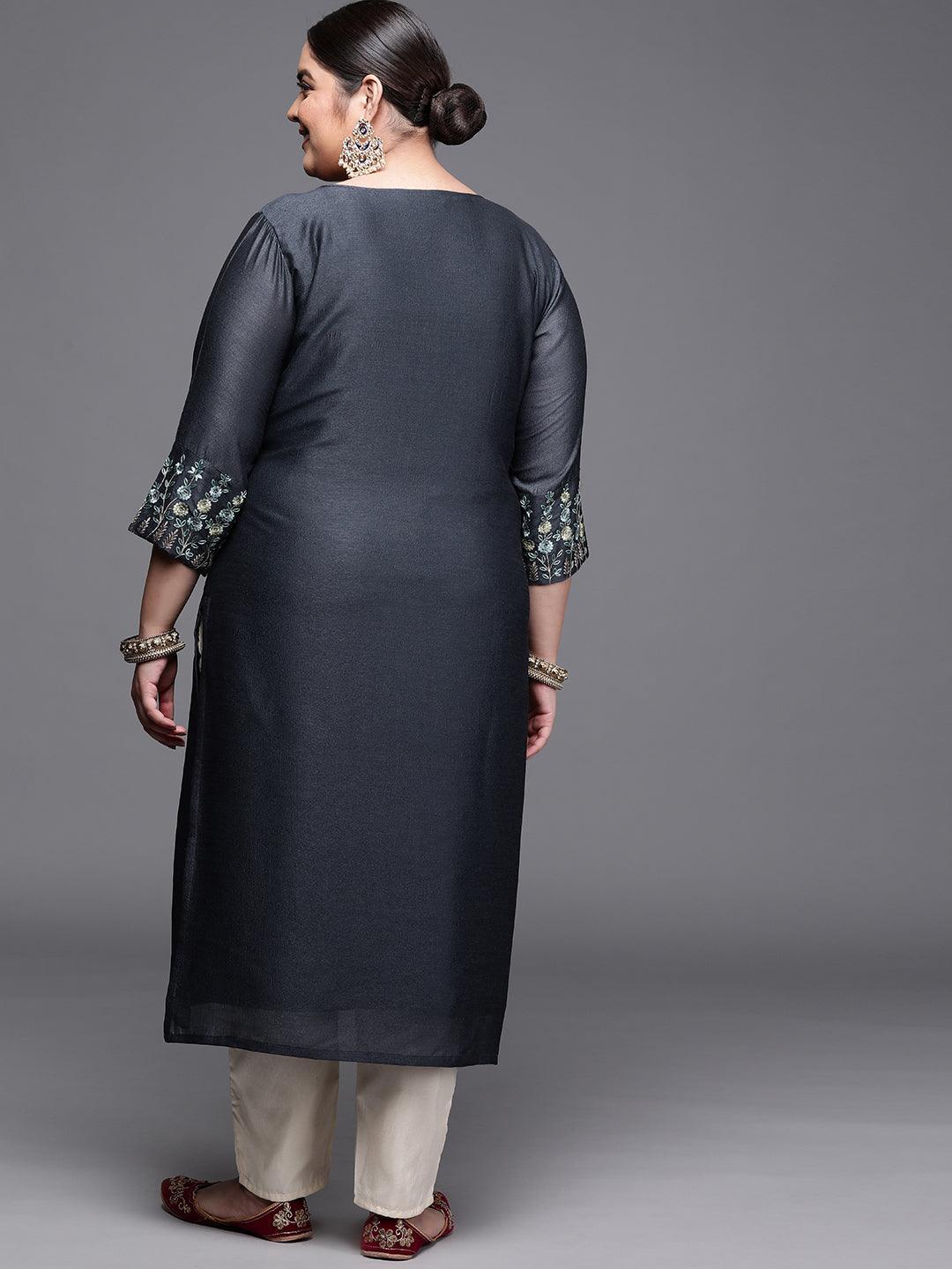 Plus Size Grey Solid Silk Kurta - ShopLibas 
