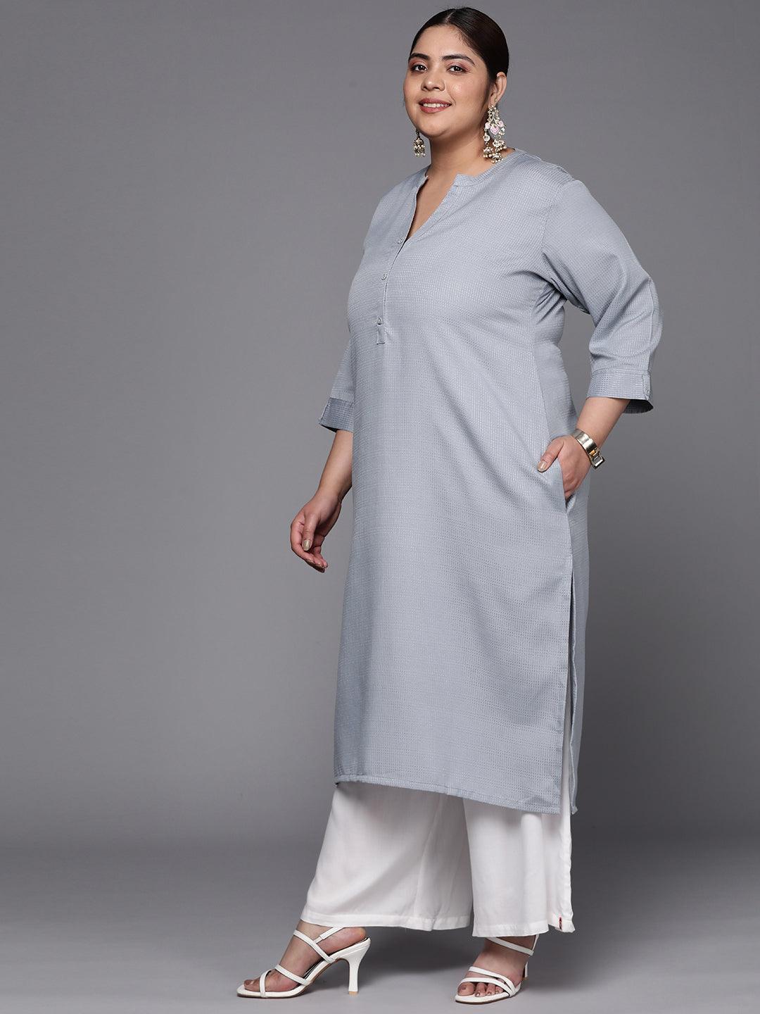 Plus Size Grey Woven Design Rayon Straight Kurta - ShopLibas 