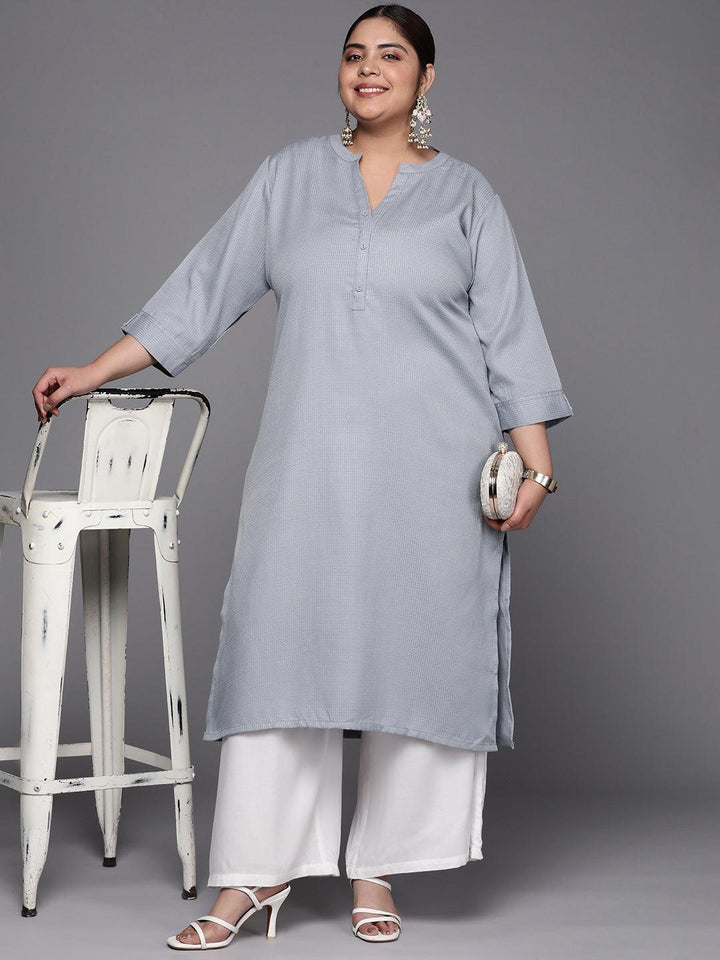 Plus Size Grey Woven Design Rayon Straight Kurta